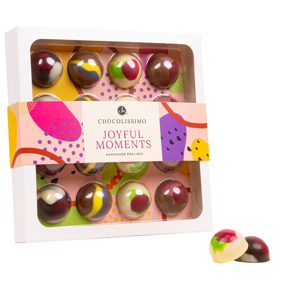 16 czekoladowych pralinek z belgijskiej czekolady o świeżych smakach – matcha z maliną, rabarbar, lawenda z marakują oraz Wiśnia z nutą kwiatu czarn..