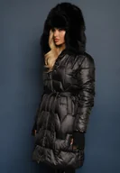 Kurtki damskie - Czarna Długa Kurtka Pikowana z Odpinanym Kołnierzem i Paskiem Rinarella - miniaturka - grafika 1