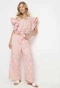 Komplety damskie - Różowy Ażurowy Komplet Koszulowa Bluzka z Wiązaniem i Szerokie Spodnie Linarisa - miniaturka - grafika 1