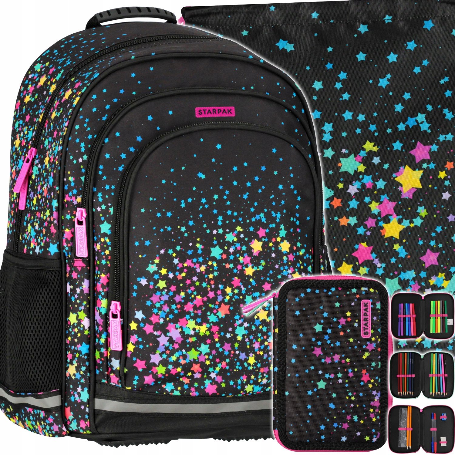 Plecak Szkolny Dla Dziewczynki Czarny W Gwiazdy Galaxy Piórnik Trzykomorowy