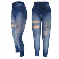 Legginsy - Bawełniane Leginsy Jeans Spodnie Modne Wzory Dziury Wysoki Stan Wiosenne - miniaturka - grafika 1
