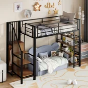 Łóżka dla dzieci i młodzieży - Łóżko piętrowe 90x200 - ze schodkami bezpieczeństwa - z małą szafą - z otwartymi półkami - czarne - miniaturka - grafika 1