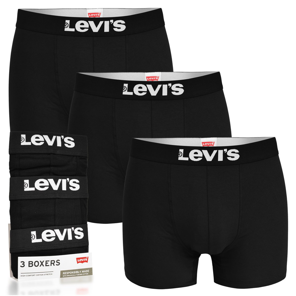LEVI'S Bokserki Męskie Majtki Czarny Logo Bawełna Komplet 3 Pak Rozmiar S