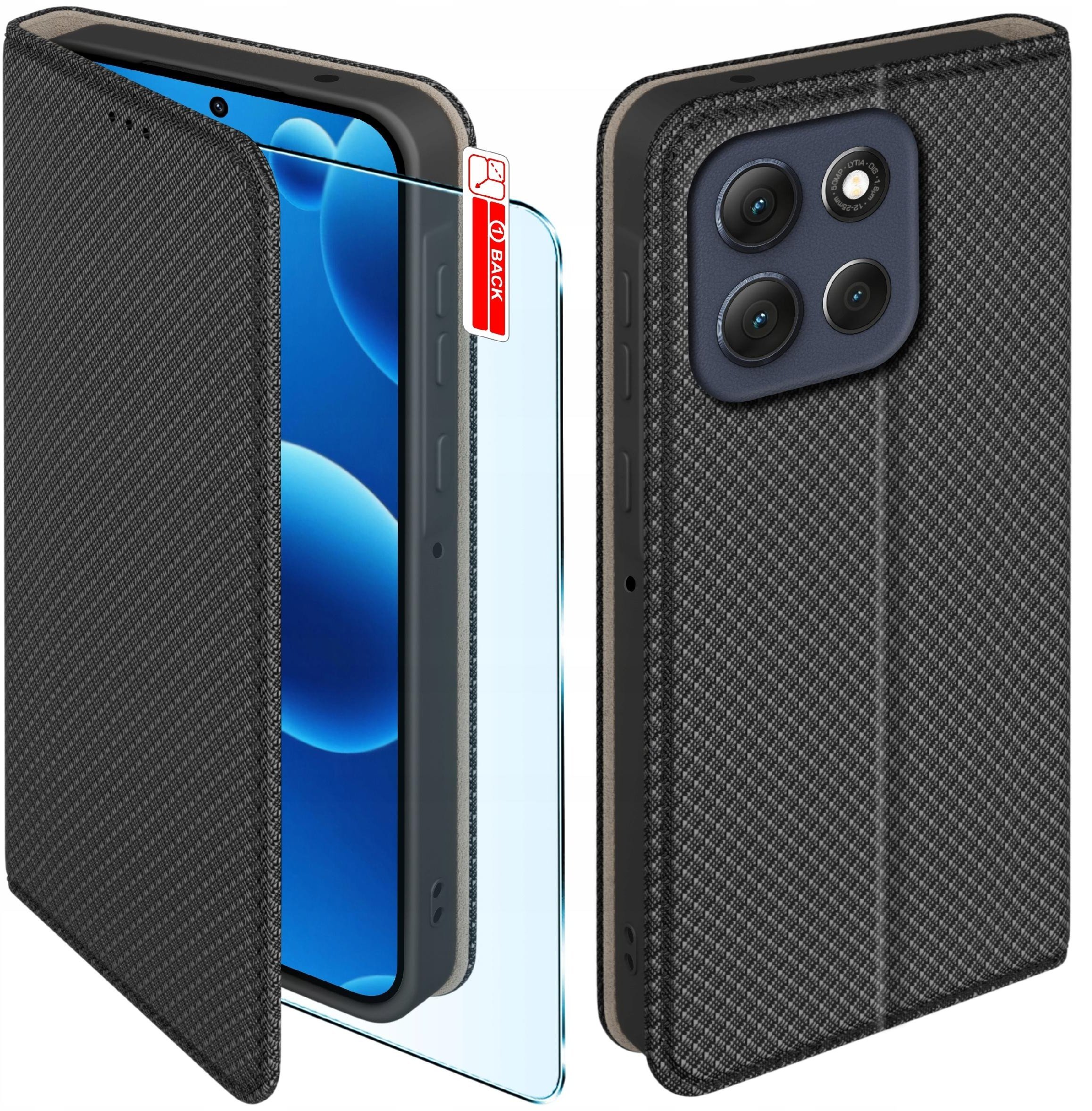 Etui z klapką do Motorola G86 5G Zamykane Czarne Futerał + Szkło 9H