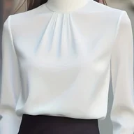 Koszule damskie - TEMU Boothe Elegancka Bluzka Damska z Wysokim Kołnierzem i Plisowaniem - Długi Rękaw, Biurowa Koszula, Jednokolorowa Marynarka do Stroju - miniaturka - grafika 1