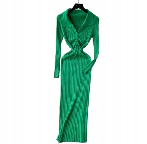 Maxi Sukienka Damska Prążkowana Długie Rękawy Wiązanie Sznurek Zielona