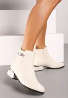 Botki damskie - Beżowe Płaskie Botki Sztyblety z Ozdobnym Paskiem i Metaliczną Wstawką przy Obcasie Arhela - miniaturka - grafika 1