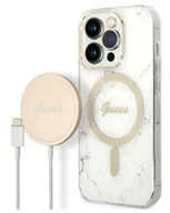 Etui i futerały do telefonów - Etui do iPhone 14 Pro Max Guess 4G Gold White Magsafe + Charger - białe - miniaturka - grafika 1
