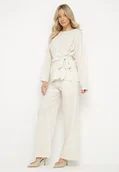 Komplety damskie - Beżowy Komplet Szerokie Spodnie i Bluzka z Ozdobnym Wiązaniem Cilinne - miniaturka - grafika 1