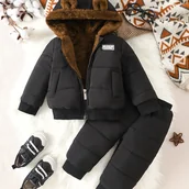 Komplety dla niemowląt - TEMU Zimowy zestaw dla niemowląt: bluza z kapturem na zamek błyskawiczny z łatwego polaru, z uroczym wzorem i pasujące długie spodnie. Posiada - miniaturka - grafika 1