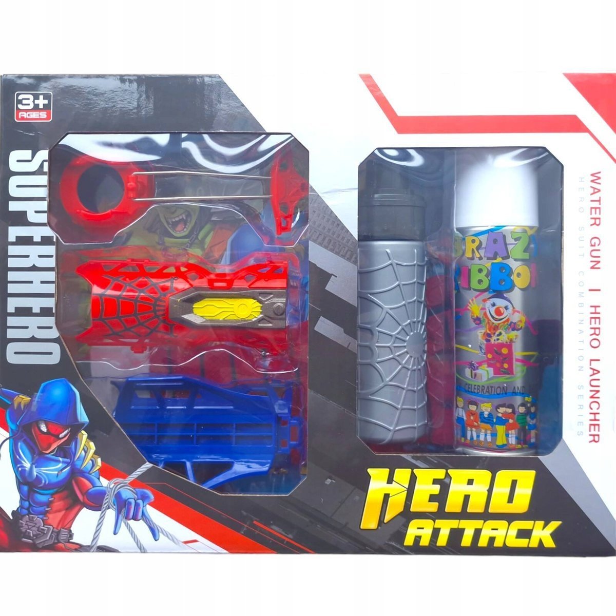 SPIDERMAN ZESTAW 5w1 WYRZUTNIA SIECI LUB WODY STRZELA SERPENTYNA RĘKAWICA