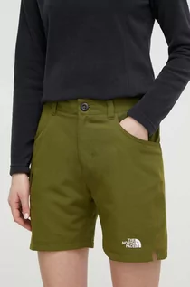 Spodenki damskie - The North Face szorty outdoorowe Horizon kolor zielony gładkie high waist - grafika 1