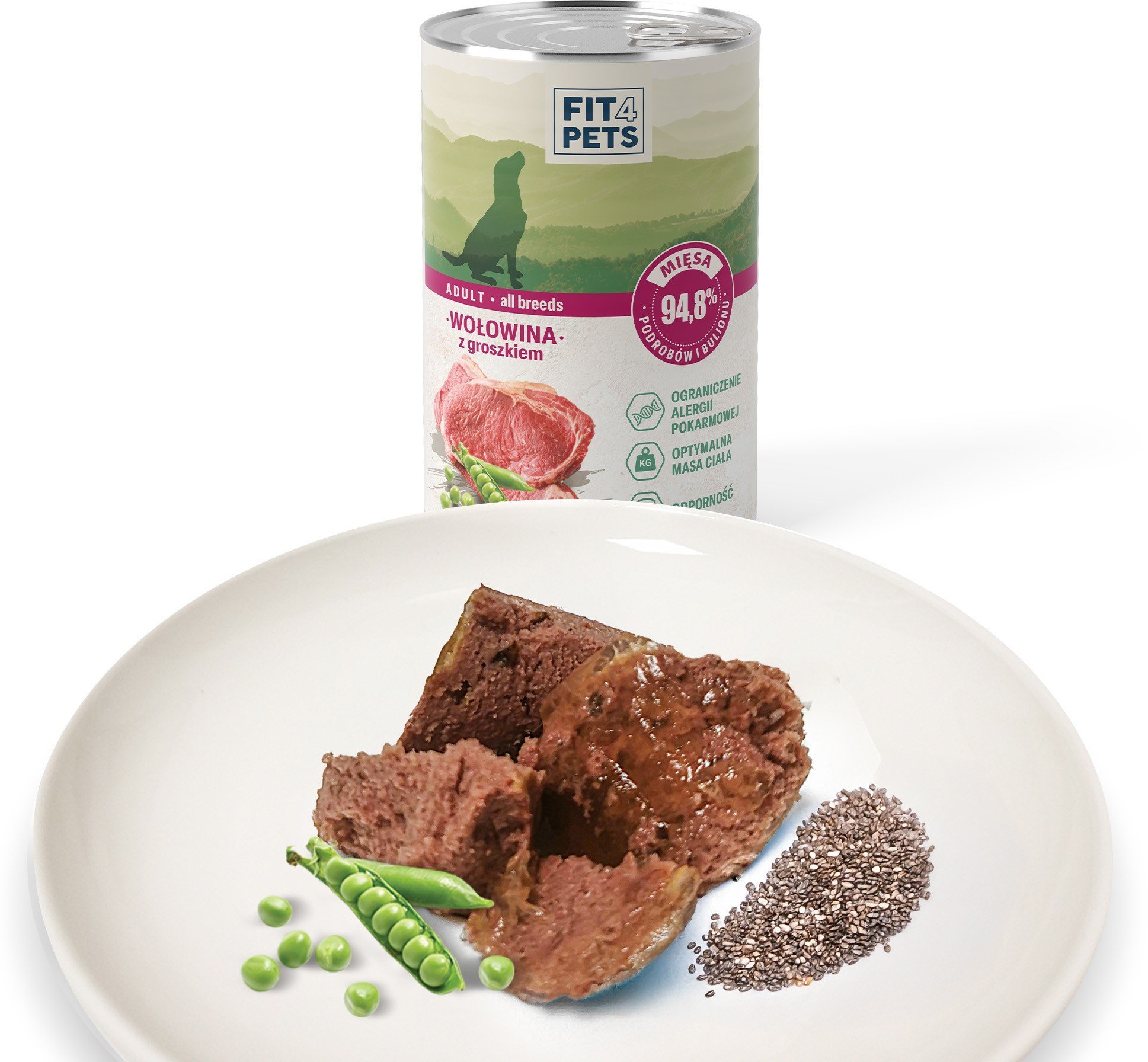 Fit4Pets Karma pełnoporcjowa dla psów dorosłych MIX 6 puszek wołowina x 2, kurczak x 2 wieprzowina x 2