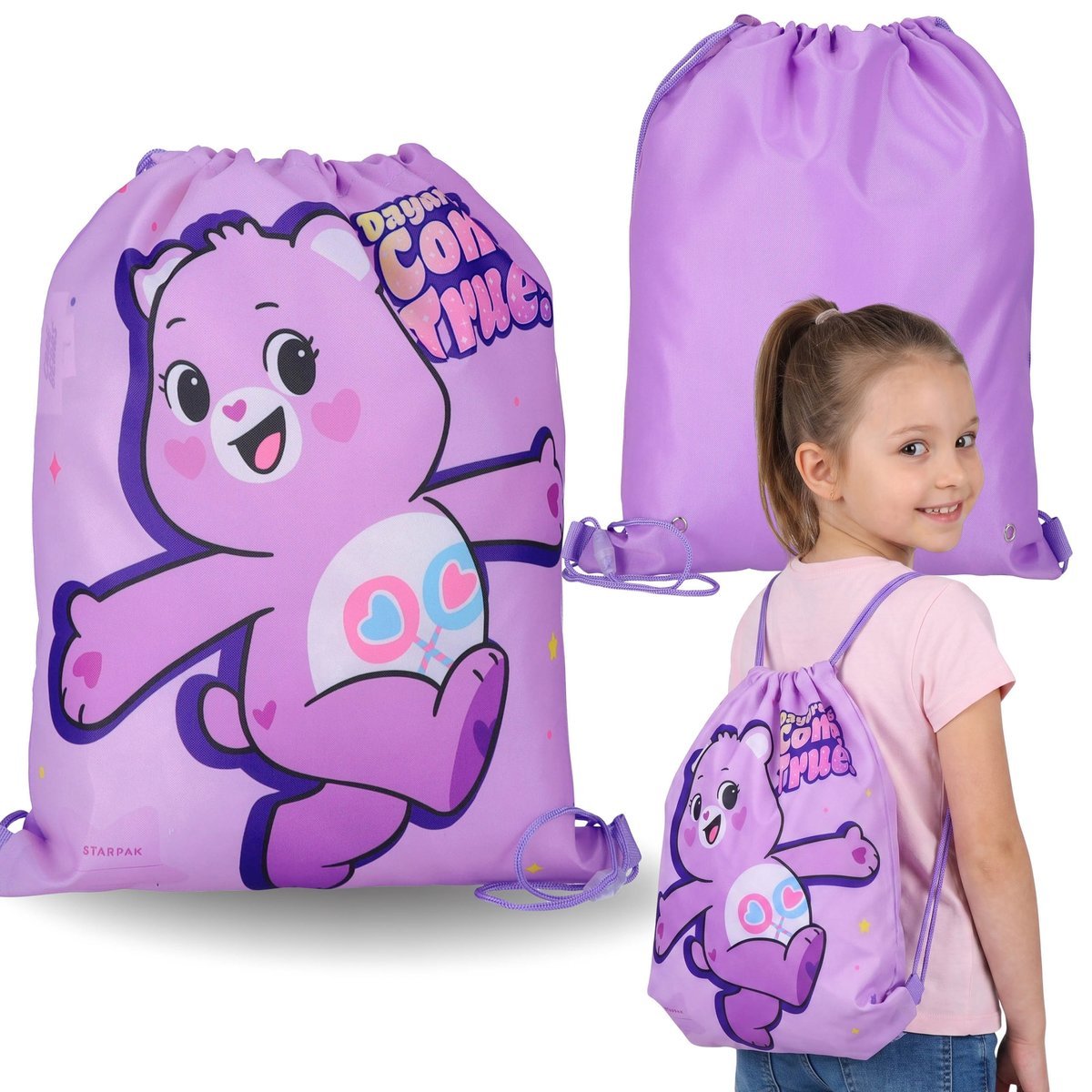 Care Bears Fioletowy, DZIEWCZĘCY worek na buty NA WF, worek szkolny na ramię dla dziewczynki WORKOPLECAK 32x39 cm