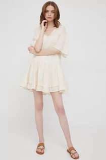 Sukienki - Sisley sukienka lniana kolor beżowy mini rozkloszowana - grafika 1