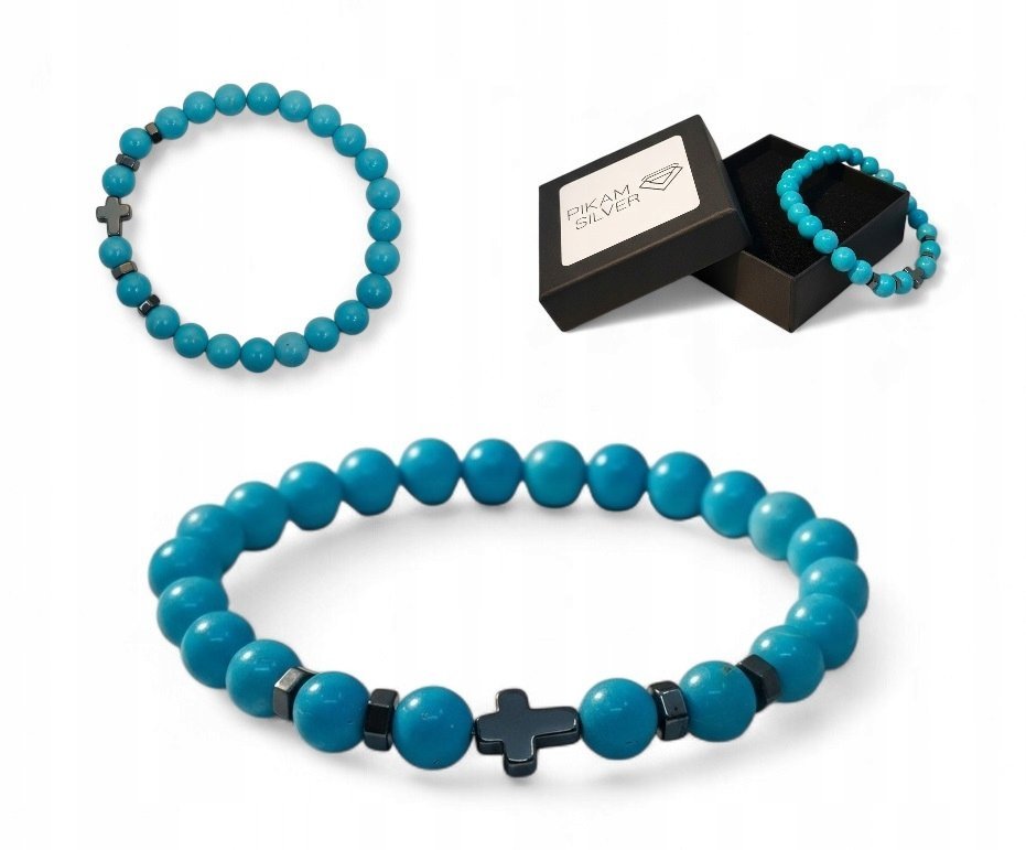 Bransoletka Z Kamieni Naturalnych 8,5mm Turkus Z Krzyżykiem Na Gumce