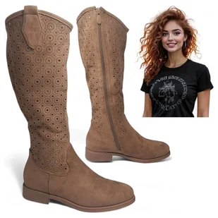 Kowbojki Damskie Ażurowe Kozaki Zamsz na Jesień Eleganckie Brąz Barski 38 - Botki damskie - miniaturka - grafika 1