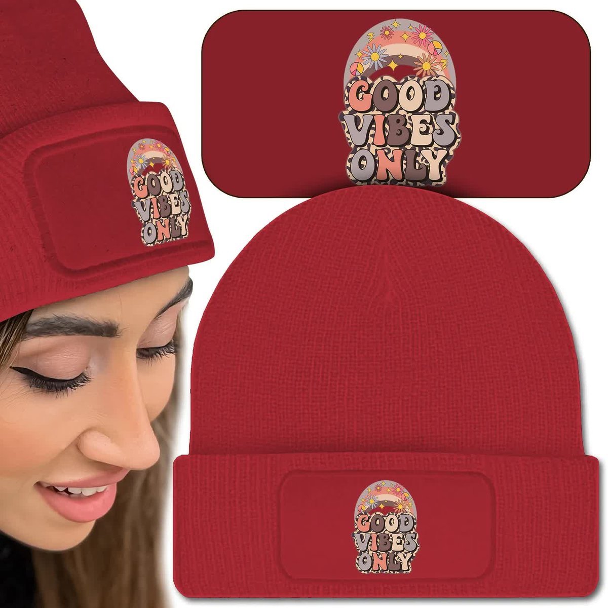 Ciepła Czapka Zimowa Czerwona GOOD VIBES ONLY Wz