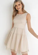 Sukienki - Beżowa Taliowana Sukienka Mini z Ozdobną Koronką Veronisa - miniaturka - grafika 1