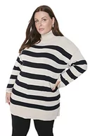 Swetry damskie - Trendyol Damska bluza z golfem w paski, regularny sweter plus size, BEŻOWY, XL duże rozmiary - miniaturka - grafika 1