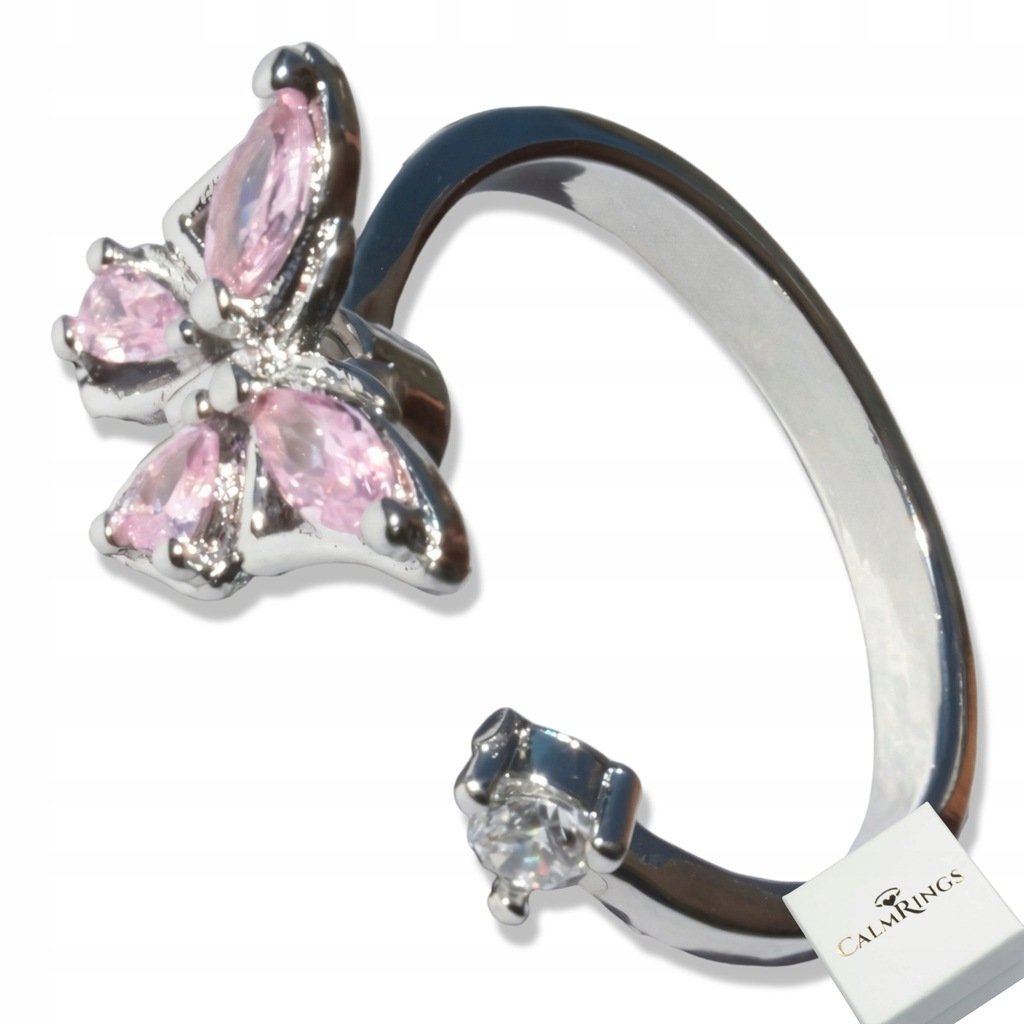 Pierścionek antystresowy RÓŻOWY MOTYLEK Obrotowy STAL Regulowany PREZENT