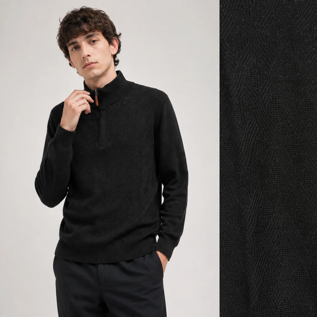 Sweter Męski Bawełniany Z Półzamkiem Stójką Elegancki Klasyczny Czarny XL