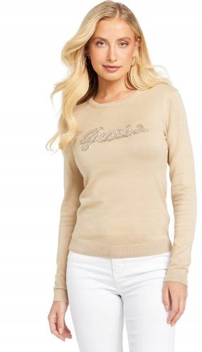 GUESS BEŻOWY SWETER Z DŁUGIM RĘKAWEM Z CEKINOWYM NADRUKIEM S GNA