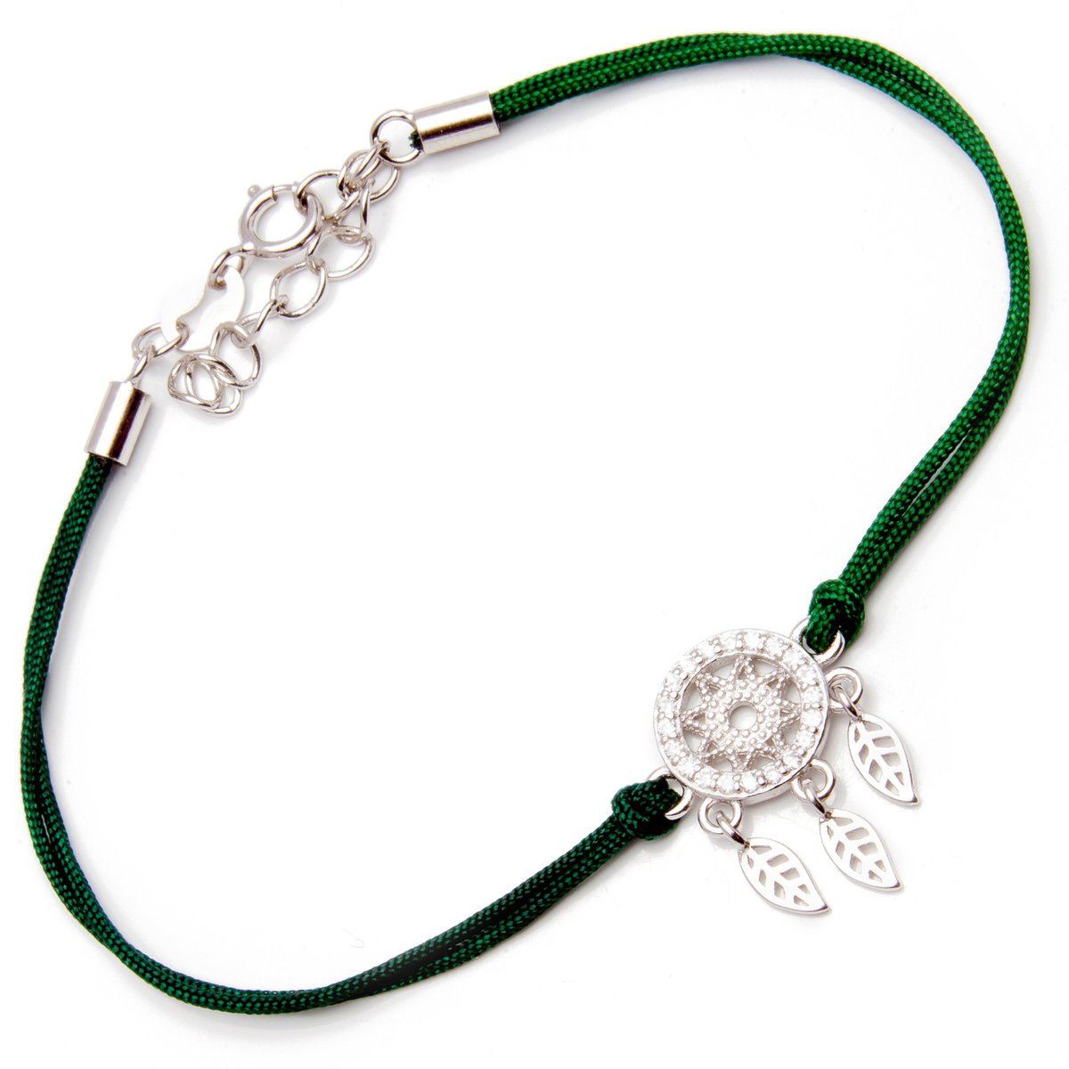 Srebrna bransoletka łapacz snów zielony sznurek