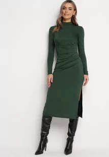 Ciemnozielona Taliowana Sukienka Midi z Półgolfem i Marszczeniem Abigiana - Sukienki - miniaturka - grafika 1