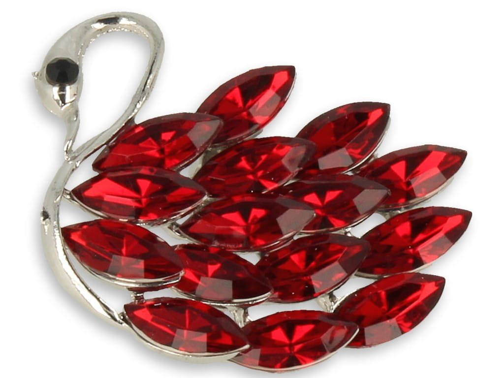 Broszka Damska Srebrna Łabędz Z Czerwonymi Kamieniami