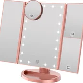 Lusterka do makijażu - Lustro do makijażu z regulowaną jasnością, 22 diodami LED i powiększeniem 1X/2X/3X, z podwójnym trybem zasilania (różowe złoto) - miniaturka - grafika 1