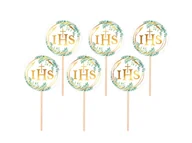 Ciasta i półprodukty do ciast - Pikery na tort IHS z zielonymi listkami na I Komunię Świętą - 6 szt. - miniaturka - grafika 1