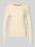 Swetry damskie - Sweter o kroju regular fit z dzianiny z czystej wełny ze ściegiem warkoczowym - miniaturka - grafika 1