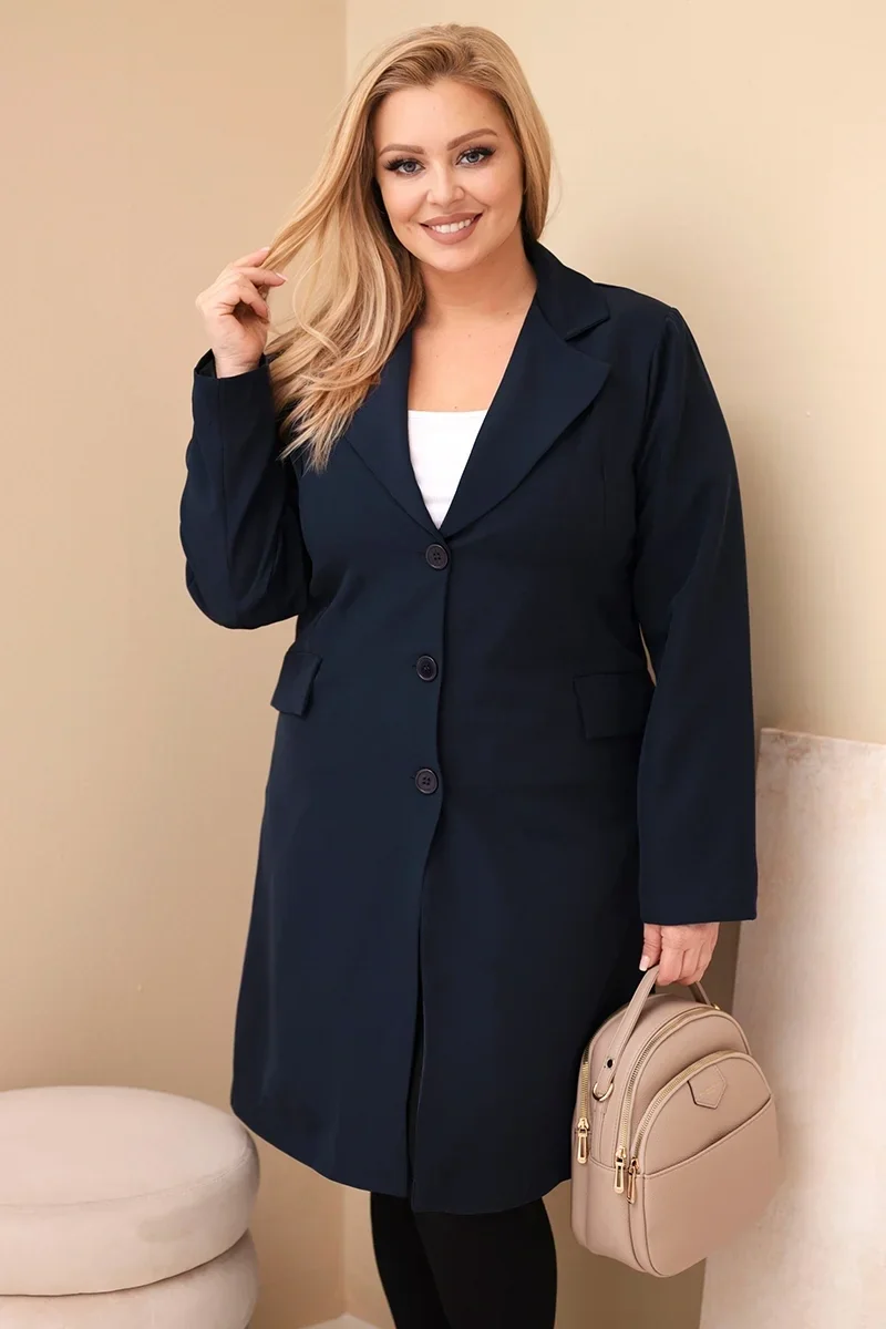 Płaszcz damski Plus Size długi z kołnierzem i kieszeniami granatowy