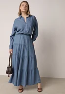 Spódnice - Niebieska Rozkloszowana Spódnica z Lyocellu z Wysokim Stanem i Falbanami Emorithia - miniaturka - grafika 1