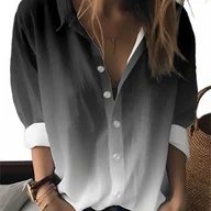 Koszule damskie - TEMU Koszula Damska z Długim Rękawem i Guzikami - Nadruk Gradientowy, Biały do Czarnej, Z Kołnierzykiem, Możliwość Prania w Pralce, Idealna na Wiosnę - miniaturka - grafika 1