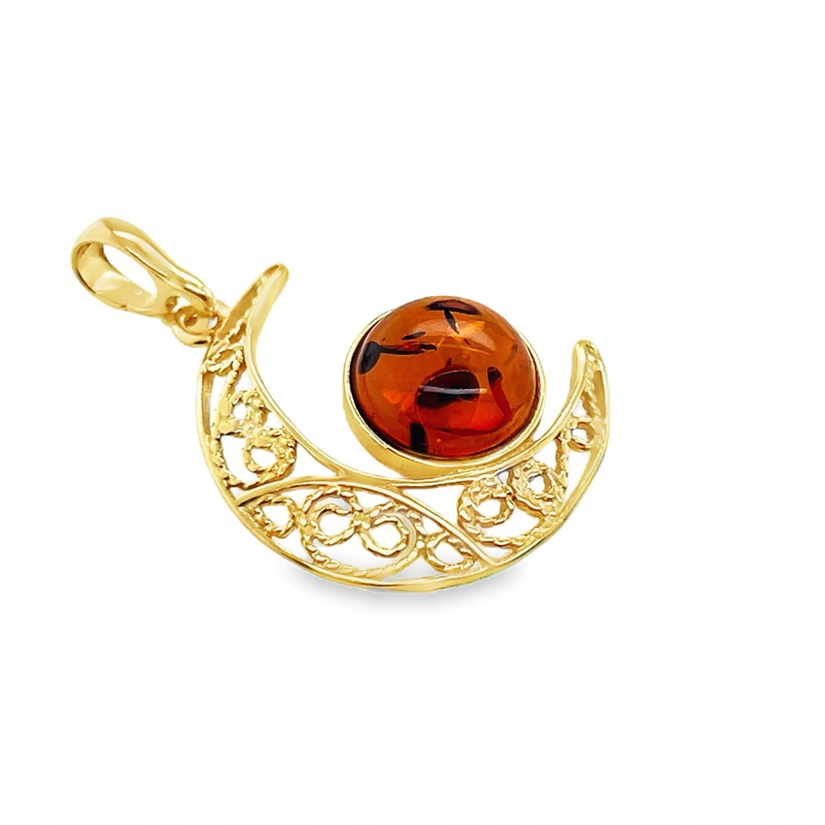 WISIOREK srebrny pozłacany ZAWIESZKA BURSZTYN księżyc ZŁOTY