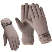 Rękawiczki - Zimowe rękawiczki damskie eleganckie kokardka dotykowe do telefonu beż - miniaturka - grafika 1