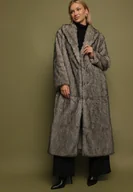 Płaszcze damskie - Beżowo-Czarny Długi Płaszcz Futrzany z Kołnierzem Banisse - miniaturka - grafika 1