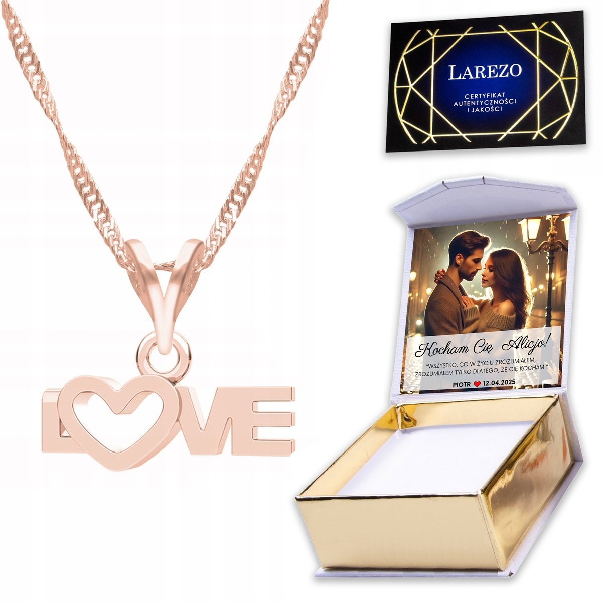 Naszyjnik Pozłacany 925 z Sercem Love Miłość Serce Heart Serduszko + NADRUK