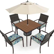 Meble ogrodowe - Stół Ogrodowy z Otworem 5 cm na Parasol, 4 Krzesła z Wyjmowanymi i Zmywalnymi Poduszkami, Zestaw Ogrodowy z Rattanu dla 4 Osób - miniaturka - grafika 1