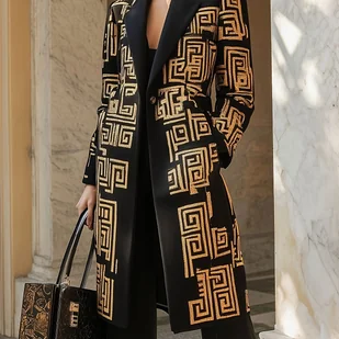 TEMU Luksusowy Czarny Blazer Damski – Odważny Złoty Wzór Geometryczny, Elegancka Kurtka z Kieszeniami, Nieprześwitujący Materiał do Biura i Na Co - Marynarki i żakiety damskie - miniaturka - grafika 1