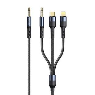 USAMS Kabel pleciony 3w1 1,2m Fast Charge (lightning/USB-C/Jack 3,5mm na Jack 3,5mm) SJ556YP01 (US-SJ556) - Kable USB - miniaturka - grafika 1