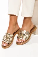 Klapki i japonki damskie - Złote klapki skórzane damskie błyszczące ozdobna płaska podeszwa PRODUKT POLSKI Casu 40381 - miniaturka - grafika 1