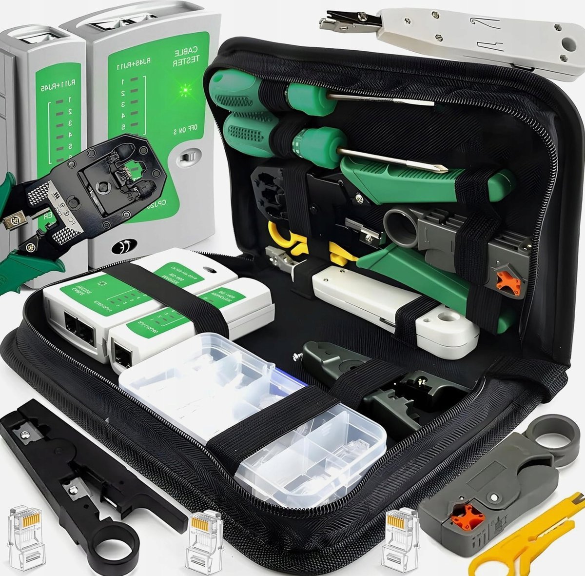 NARZĘDZI ZESTAW SIECIOWYCH 9W1 ETUI TESTER KABLI RJ45 RJ11 NAPRAWCZY