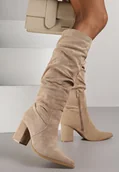 Kozaki damskie - Ciemnobeżowe Kozaki na Słupku z Marszczoną Cholewką z Imitacji Zamszu Razialla - Renee - miniaturka - grafika 1