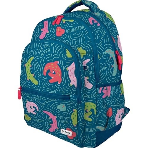 Grafoplas plecak szkolny z trzema przegrodami, 33 x 46 x 22,5 cm, 30 litrów, wyściełany obszar na laptopa, model Rubber, wzór alligatora, Elena Corredoira, możliwość dostosowania do wózka, idealny dla