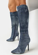 Kozaki damskie - Niebieskie Jeansowe Kozaki na Szpilce Bimis - miniaturka - grafika 1