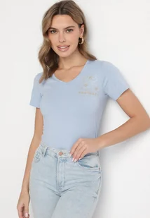 Jasnoniebieski T-shirt Koszulka z Trójkątnym Dekoltem z Bawełny Ozdobiona Nadrukiem Elanoa - Koszulki i topy damskie - miniaturka - grafika 1