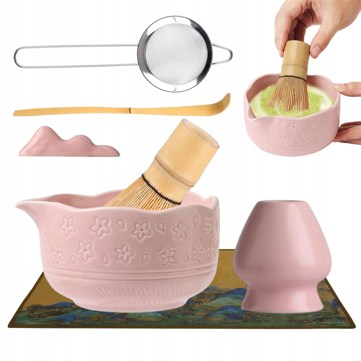 Kompletny Zestaw Do Matcha Różowy Z Bambusową Trzepaczką I Ceramiczną Miską